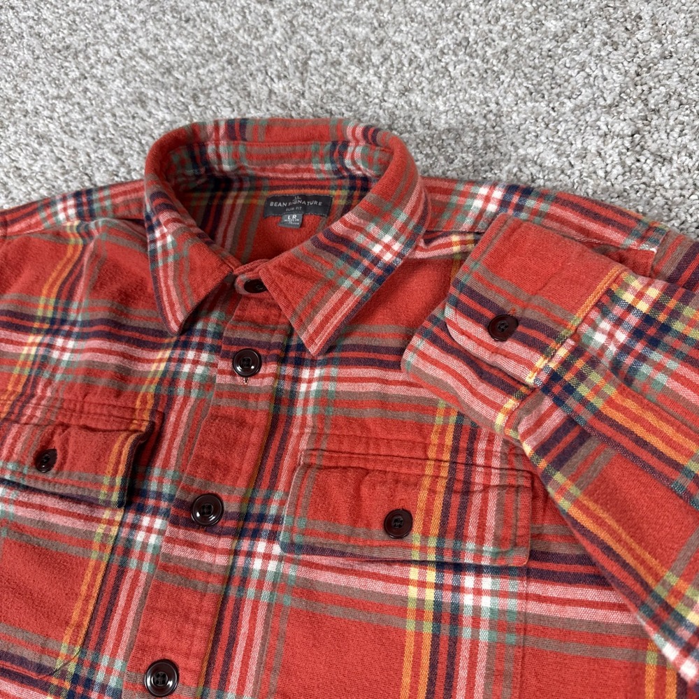 LL Bean Signature Chamois Shirt Mens L Orange Red Plaid Archive Button Up
